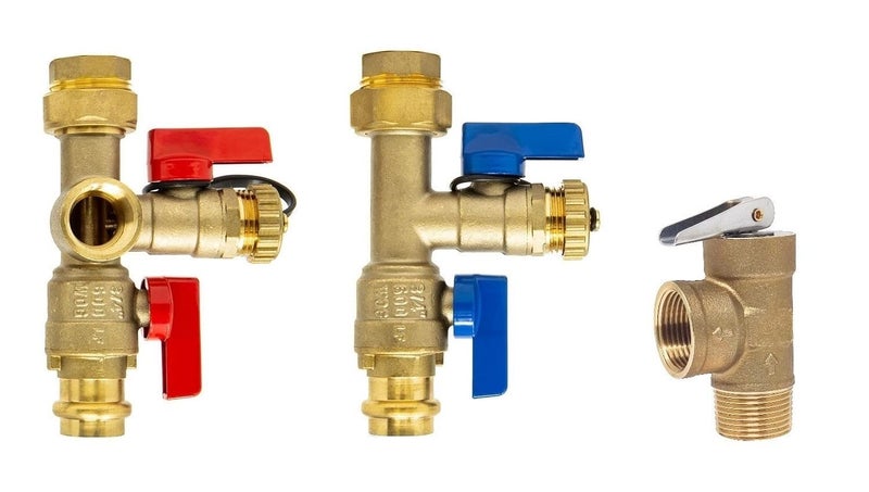 Libra Supply 3/4 inch Press Isolation Valve Kit with Pressure Relief Valve for Rheem Tankless Water Heater, FNPT x Press, 3/4'' Service Valve for Rinai, Ecosmart, Navien, Noritz Takagi Bosch - Image 1